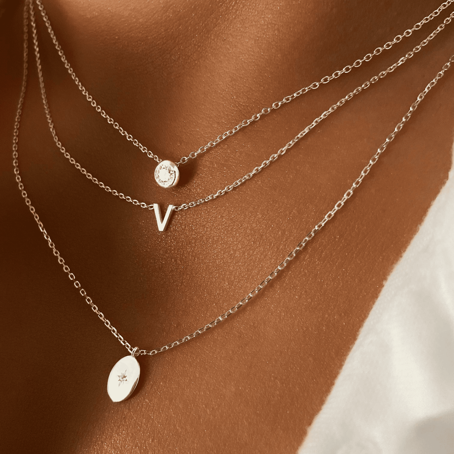 bezel solitaire diamond necklace womens jewellery, womens trendy fashion jewellery, necklace stack, necklace layering , gold and silver 