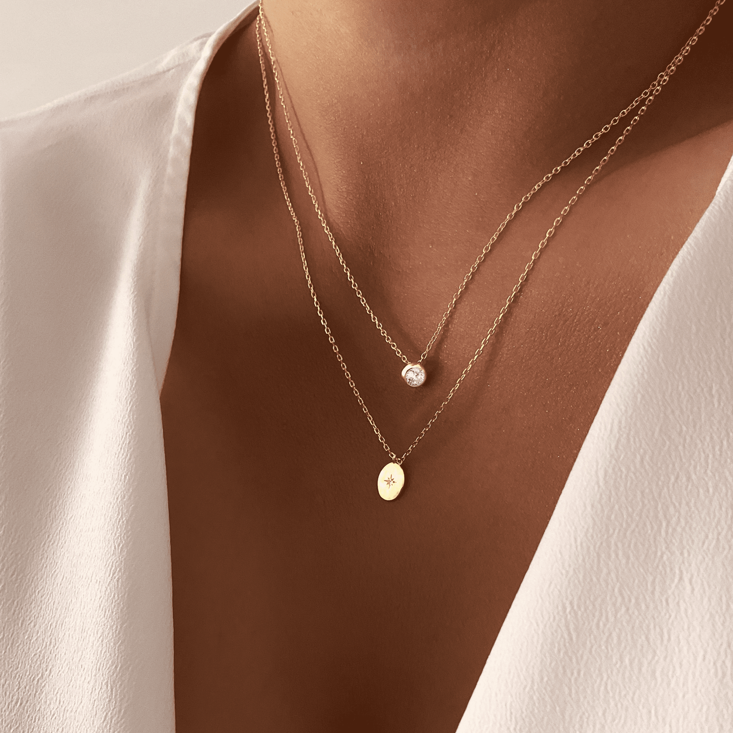 bezel solitaire diamond necklace womens jewellery, womens trendy fashion jewellery, necklace stack, necklace layering , gold and silver 